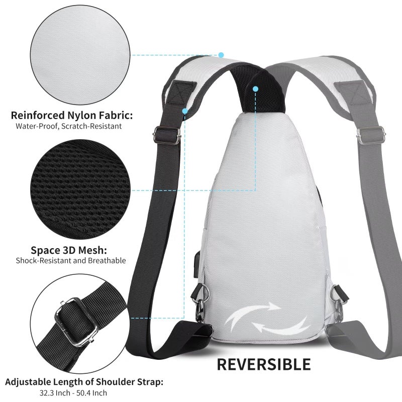 AMJ Crossbody Sling Bag Men Women, Casual Shoulder Backpack, Chest Daypack Satchel for Hiking Travel (Large, White Gray) - Image 4