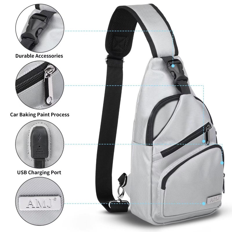 AMJ Crossbody Sling Bag Men Women, Casual Shoulder Backpack, Chest Daypack Satchel for Hiking Travel (Large, White Gray) - Image 3