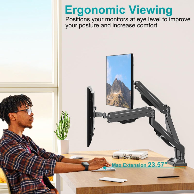 MOUNT PRO Dual Monitor Stand for Two Screens up to 43 Inch, Heavy Duty Ultrawide Double Monitor Arm Holds up to 33lbs Each, Premium Adjustable Computer Monitor Mount for 2 Monitors, VESA Desk Mount - Image 4