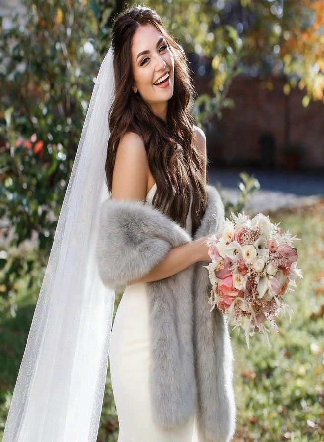 RainFlowwer Women's Faux Fur Collar Scarf Wrap, Cold Winter Warm Wrap Stole Shawl Shrug Neck Warmer Grey - Image 3