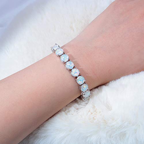 CiNily Rhodium Plated Created White Fire Opal Women Jewelry Gemstone Round Bracelet 8'' - Image 4