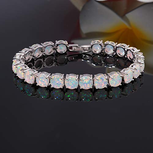 CiNily Rhodium Plated Created White Fire Opal Women Jewelry Gemstone Round Bracelet 8'' - Image 2