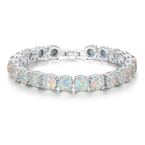 CiNily Rhodium Plated Created White Fire Opal Women Jewelry Gemstone Round Bracelet 8'' - Image 1