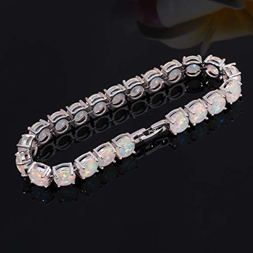 CiNily Rhodium Plated Created White Fire Opal Women Jewelry Gemstone Round Bracelet 8'' - Image 3