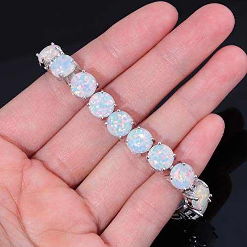CiNily Rhodium Plated Created White Fire Opal Women Jewelry Gemstone Round Bracelet 8'' - Image 5