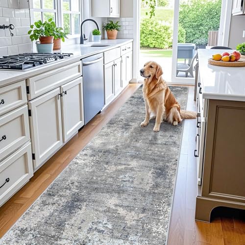 BYYVOO 3x12 ft Non Skid Hallway Runner Rug - Long Washable Stain Resistant Low Pile Thin Carpet Runners for Kitchen Entryway Bathroom,Modern Abstract Neutral（Blue Grey,3x12） - Image 1