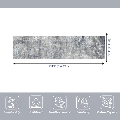 BYYVOO 3x12 ft Non Skid Hallway Runner Rug - Long Washable Stain Resistant Low Pile Thin Carpet Runners for Kitchen Entryway Bathroom,Modern Abstract Neutral（Blue Grey,3x12） - Image 2