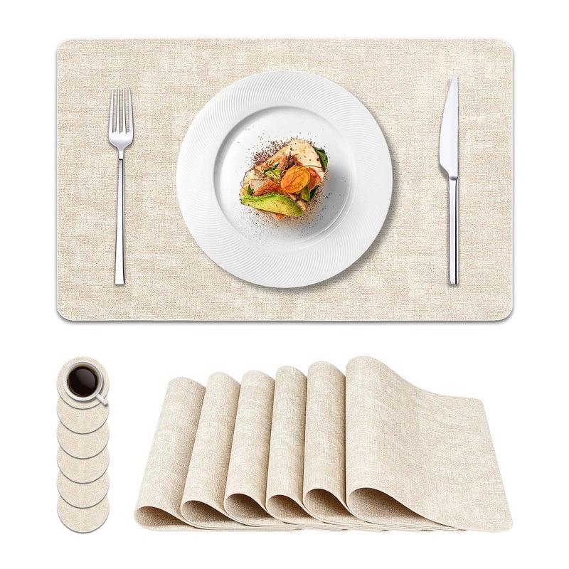 NCUE Vinyl Placemats Set of 6, Faux Leather Waterproof and Heat Resistant Place Mats, Washable Anti-Slip Table Mats with Coaster, Wipeable Placemats for Indoor & Outdoor 17" x 12" (Beige, Set of 6) - Image 1