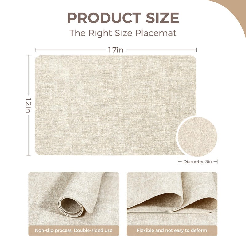 NCUE Vinyl Placemats Set of 6, Faux Leather Waterproof and Heat Resistant Place Mats, Washable Anti-Slip Table Mats with Coaster, Wipeable Placemats for Indoor & Outdoor 17" x 12" (Beige, Set of 6) - Image 4
