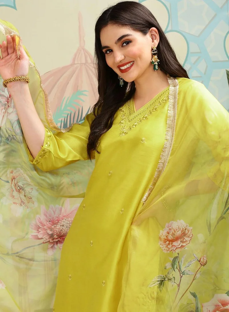 ISHIN Women'S Mustard Twill Silk Self Design Full Length Palazzo Kurta Set