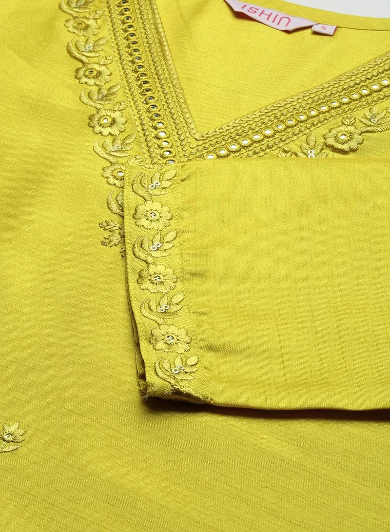 ISHIN Women'S Mustard Twill Silk Self Design Full Length Palazzo Kurta Set