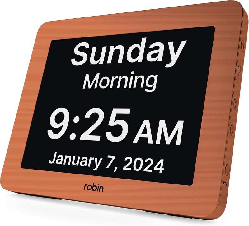 ROBIN Clock 2024 with Day and Date for Elderly, Clocks for Seniors, Dementia Clock, Digital Calendar Clock Elderly, Bedside Clocks Seniors, Alzheimers Products, Dementia Clocks Extra Large, Brown Wood - Image 1