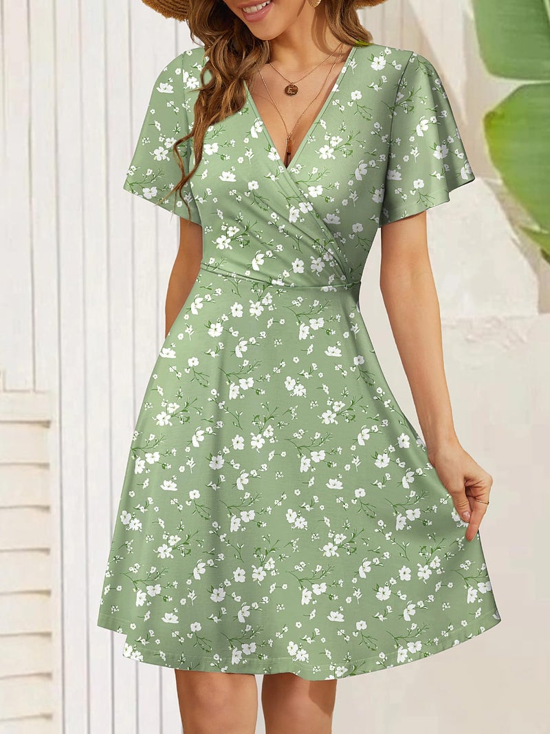 FENSACE Spring Outfits for Women 2026 Summer Warp V Neck Floral Casual Easter Sage Green Dress(Green White Floral-98,X-Large) - Image 4