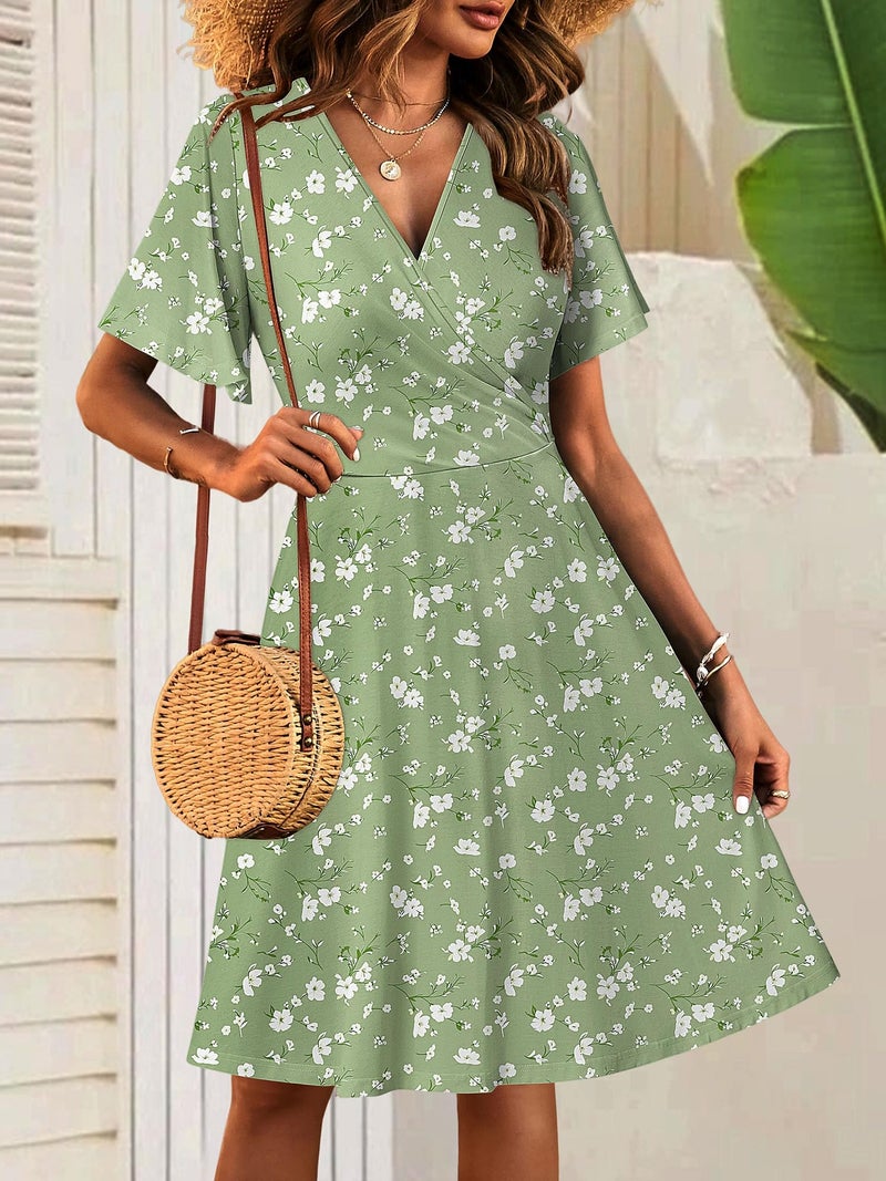 FENSACE Spring Outfits for Women 2026 Summer Warp V Neck Floral Casual Easter Sage Green Dress(Green White Floral-98,X-Large) - Image 3