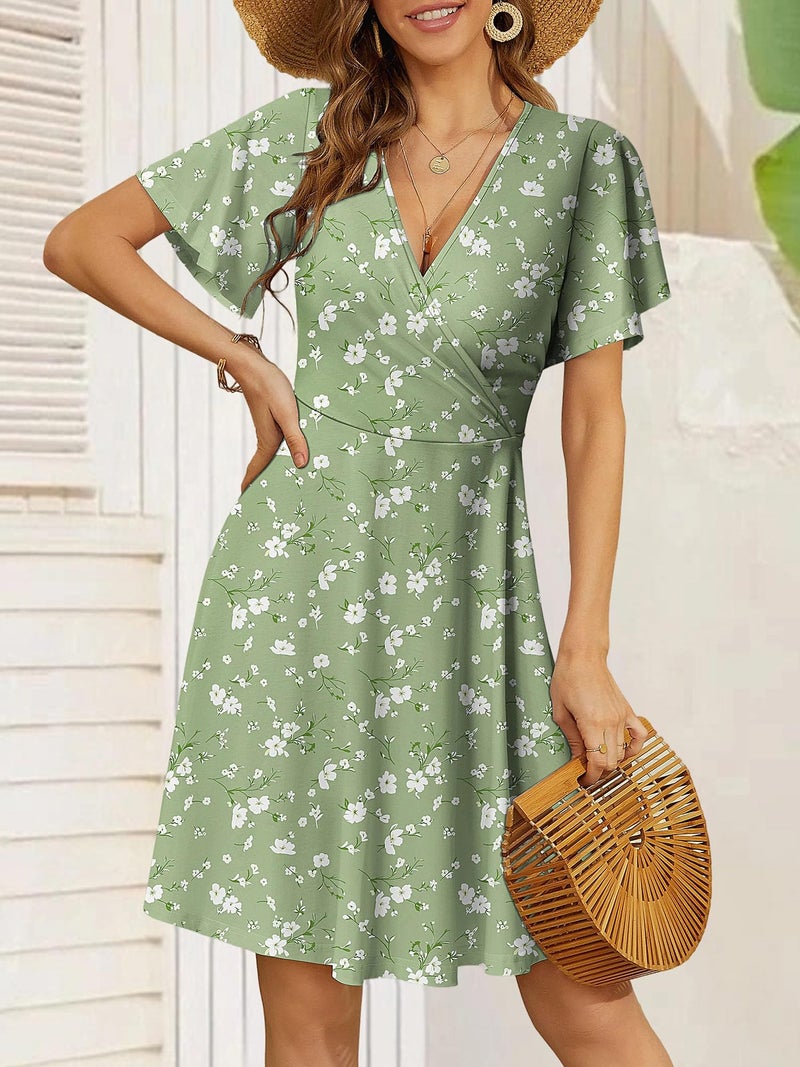 FENSACE Spring Outfits for Women 2026 Summer Warp V Neck Floral Casual Easter Sage Green Dress(Green White Floral-98,X-Large) - Image 5