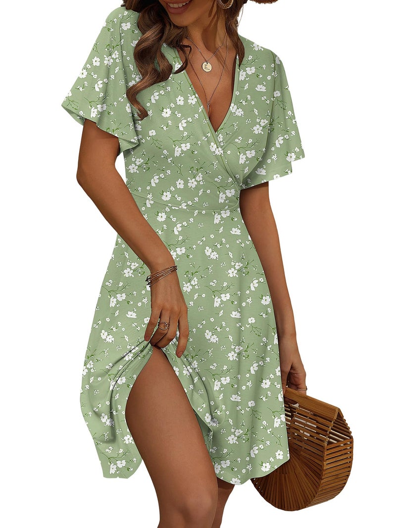 FENSACE Spring Outfits for Women 2026 Summer Warp V Neck Floral Casual Easter Sage Green Dress(Green White Floral-98,X-Large) - Image 1