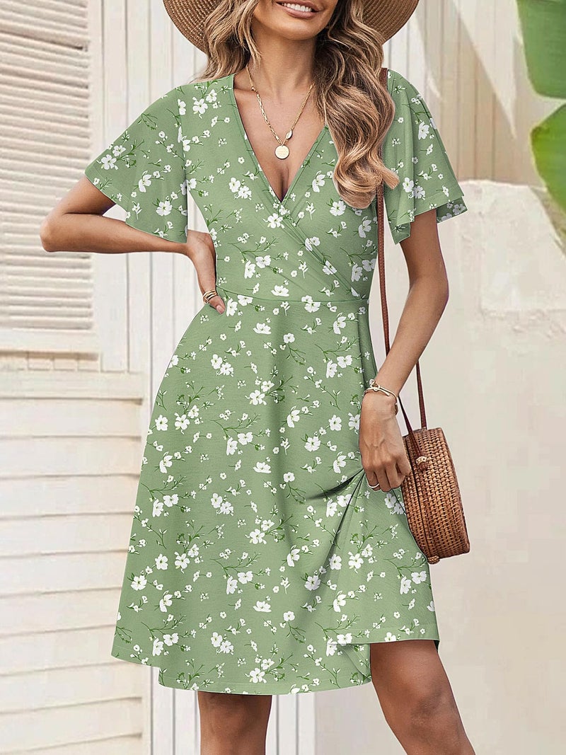 FENSACE Spring Outfits for Women 2026 Summer Warp V Neck Floral Casual Easter Sage Green Dress(Green White Floral-98,X-Large) - Image 2
