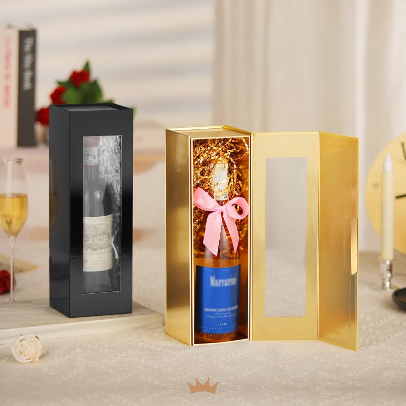 PACKQUEEN 2 Wine Gift Boxes with Window, 13.5x4.5x4 Inches Gold Bottle Gift Boxes for Liquor and Champagne, Reusable Collapsible for Christmas Wedding Anniversary Festivals Party Present (Glossy Gold) - Image 4
