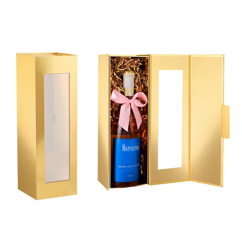 PACKQUEEN 2 Wine Gift Boxes with Window, 13.5x4.5x4 Inches Gold Bottle Gift Boxes for Liquor and Champagne, Reusable Collapsible for Christmas Wedding Anniversary Festivals Party Present (Glossy Gold) - Image 1