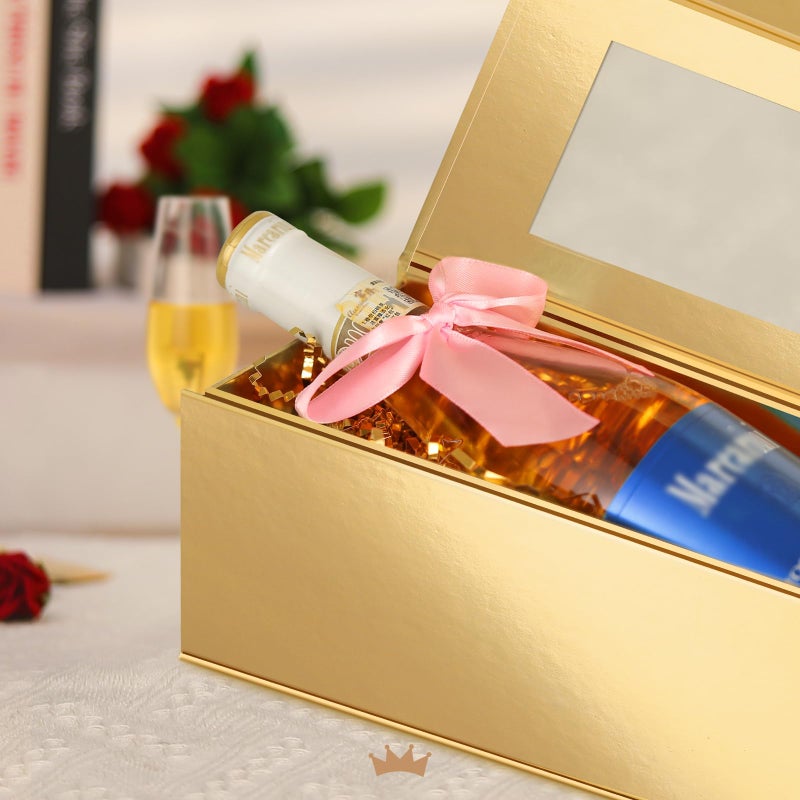 PACKQUEEN 2 Wine Gift Boxes with Window, 13.5x4.5x4 Inches Gold Bottle Gift Boxes for Liquor and Champagne, Reusable Collapsible for Christmas Wedding Anniversary Festivals Party Present (Glossy Gold) - Image 3