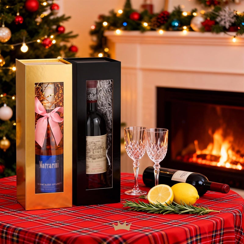 PACKQUEEN 2 Wine Gift Boxes with Window, 13.5x4.5x4 Inches Gold Bottle Gift Boxes for Liquor and Champagne, Reusable Collapsible for Christmas Wedding Anniversary Festivals Party Present (Glossy Gold) - Image 2