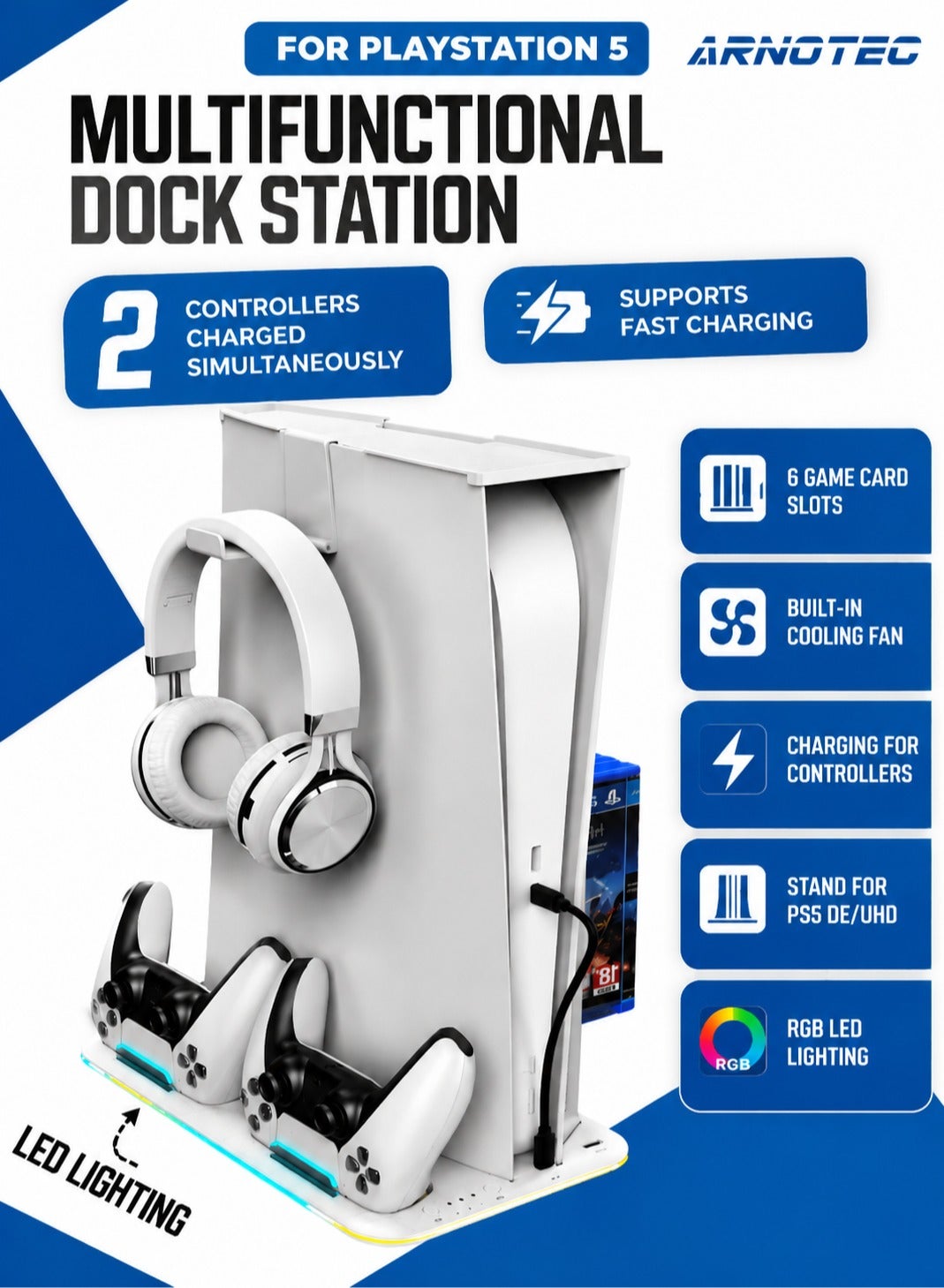 PS5 Controller Charging Dock with Cooling Fan, RGB LED Vertical Stand for PlayStation 5, DualSense Charger, Console Support Base & Game Organizer – STK-DZ501