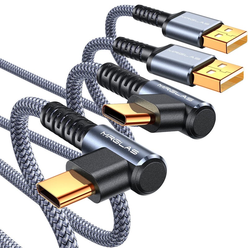 MRGLAS 3.2A USB C Charger Cable,[2-Pack, 10FT] USB A to USB C Right Angle Gold-Plated Type C Charger Fast Charging Durable Braided Cord for iPhone 17 16 15 Samsung S10 S9 Note 10 S21 LG-Grey - Image 1
