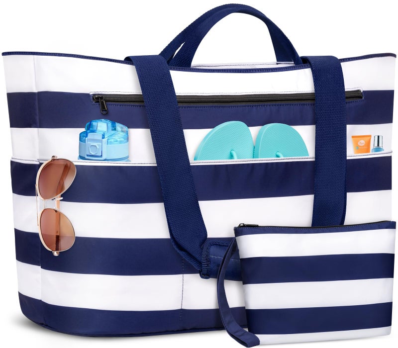 BKNOOU Extra Large Beach Bags Waterproof Sandproof XL Beach Tote Bag for Women Zipper Foldable Swim Pool Bag with Wet Pocket (Blue White) - Image 1