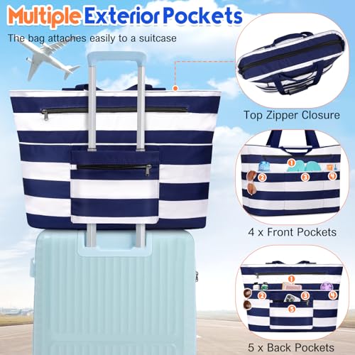 BKNOOU Extra Large Beach Bags Waterproof Sandproof XL Beach Tote Bag for Women Zipper Foldable Swim Pool Bag with Wet Pocket (Blue White) - Image 3