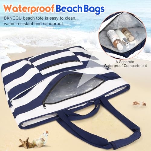 BKNOOU Extra Large Beach Bags Waterproof Sandproof XL Beach Tote Bag for Women Zipper Foldable Swim Pool Bag with Wet Pocket (Blue White) - Image 5
