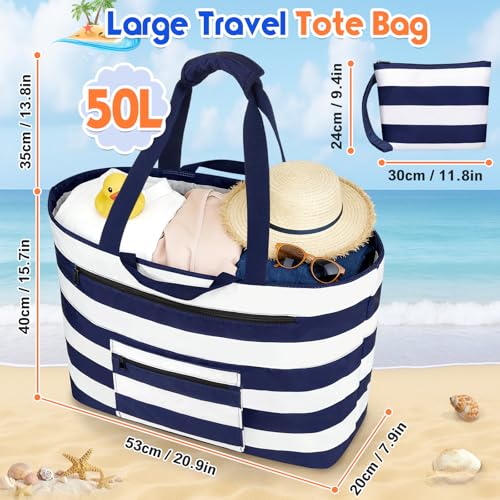 BKNOOU Extra Large Beach Bags Waterproof Sandproof XL Beach Tote Bag for Women Zipper Foldable Swim Pool Bag with Wet Pocket (Blue White) - Image 4