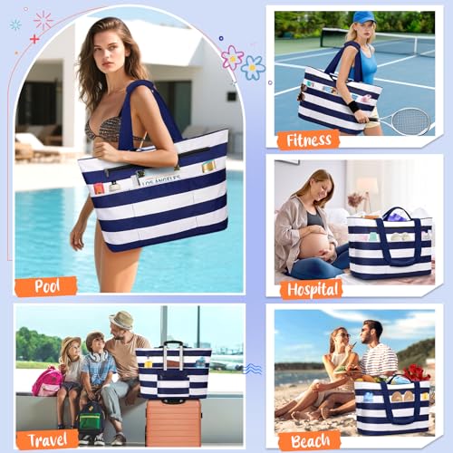 BKNOOU Extra Large Beach Bags Waterproof Sandproof XL Beach Tote Bag for Women Zipper Foldable Swim Pool Bag with Wet Pocket (Blue White) - Image 2