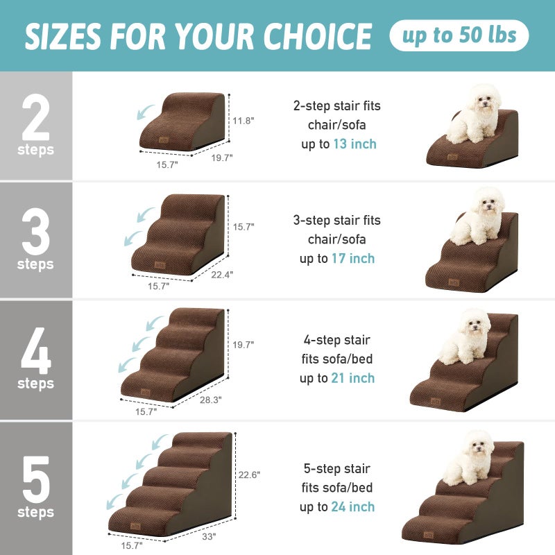 COZY KISS Dog Stairs for Small Dogs 15.7" H, Curved Dog Step for Puppy, Older Cat, Medium Pet Ramp for Sofa, Couch or Chair, Ladder with High Density Foam, 3 Step, 15.7x22.4x15.7 inch, Brown - Image 2