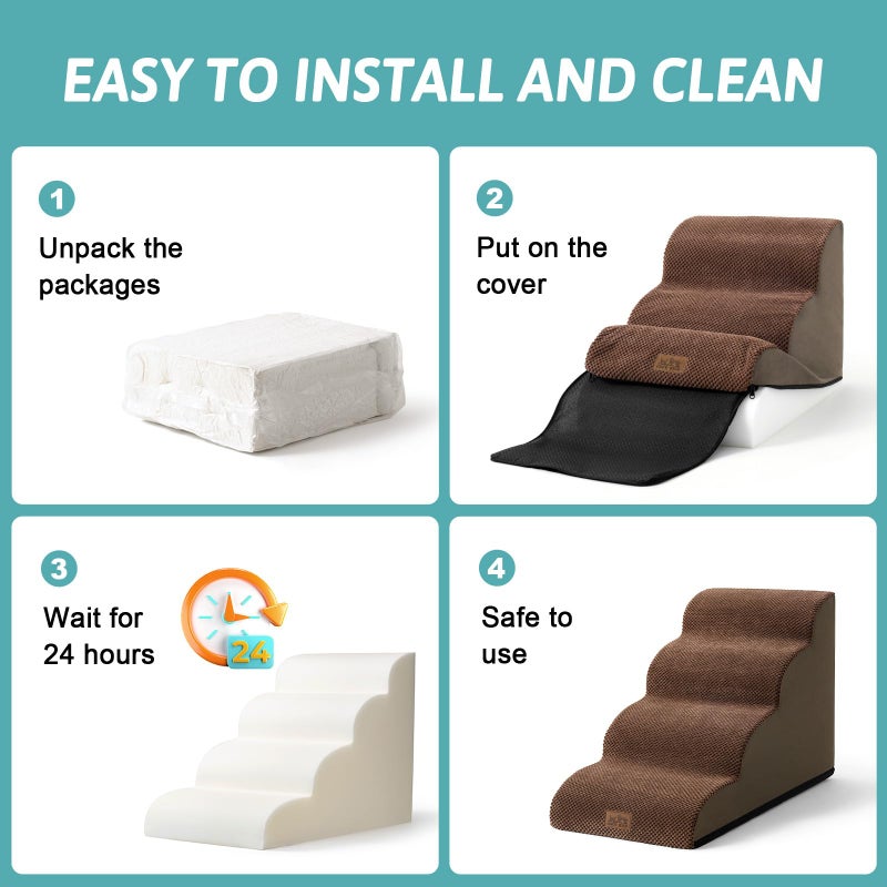 COZY KISS Dog Stairs for Small Dogs 15.7" H, Curved Dog Step for Puppy, Older Cat, Medium Pet Ramp for Sofa, Couch or Chair, Ladder with High Density Foam, 3 Step, 15.7x22.4x15.7 inch, Brown - Image 4