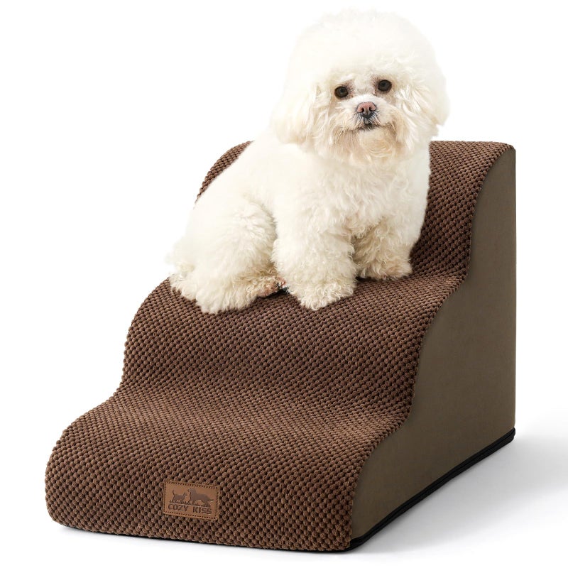 COZY KISS Dog Stairs for Small Dogs 15.7" H, Curved Dog Step for Puppy, Older Cat, Medium Pet Ramp for Sofa, Couch or Chair, Ladder with High Density Foam, 3 Step, 15.7x22.4x15.7 inch, Brown - Image 1