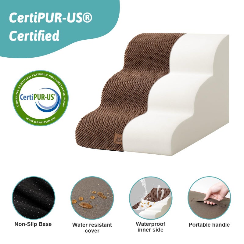 COZY KISS Dog Stairs for Small Dogs 15.7" H, Curved Dog Step for Puppy, Older Cat, Medium Pet Ramp for Sofa, Couch or Chair, Ladder with High Density Foam, 3 Step, 15.7x22.4x15.7 inch, Brown - Image 5
