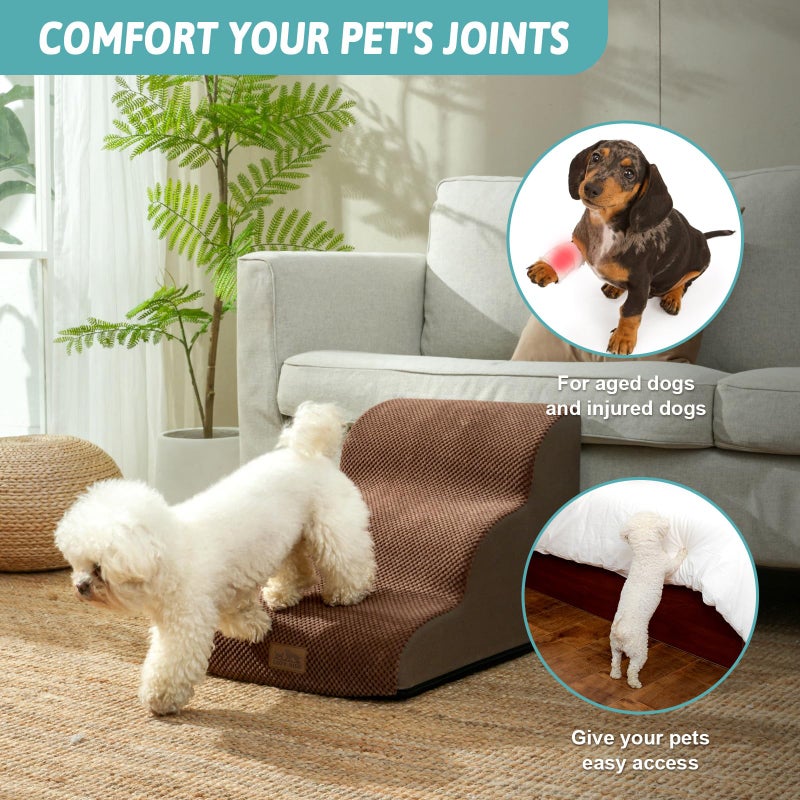 COZY KISS Dog Stairs for Small Dogs 15.7" H, Curved Dog Step for Puppy, Older Cat, Medium Pet Ramp for Sofa, Couch or Chair, Ladder with High Density Foam, 3 Step, 15.7x22.4x15.7 inch, Brown - Image 3