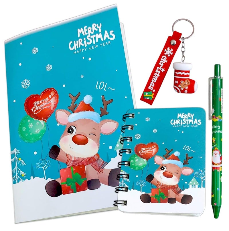 Tera13 TEAR13 Santa Gift Set - Kids Stationery 4 in 1 Combo Set Santa Printed Diary 60 Sheets, Mini Spiral Diary 80 Pags, Christmas Pen & Santa Theme Keychain Prefect Xmas Gift Christms Gift for Kids (2 Set) - Image 1