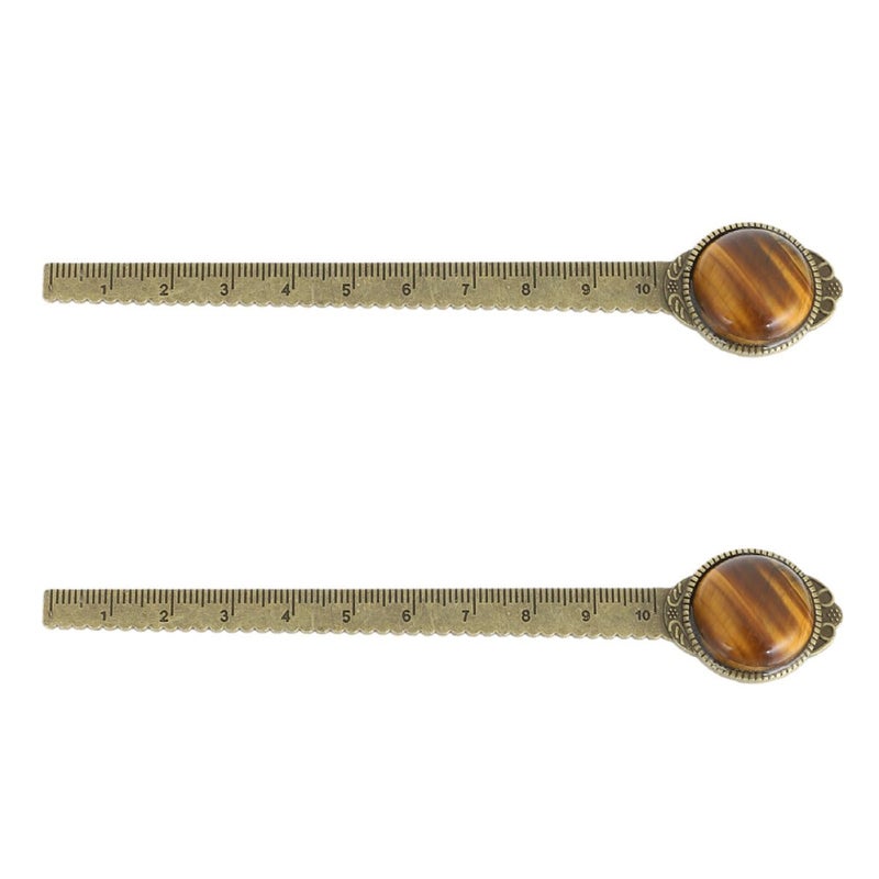 2Pcs Tiger Eye Gemstone Metal Bookmarks Alloy Ruler Decorative Book Markers for Students - Image 2