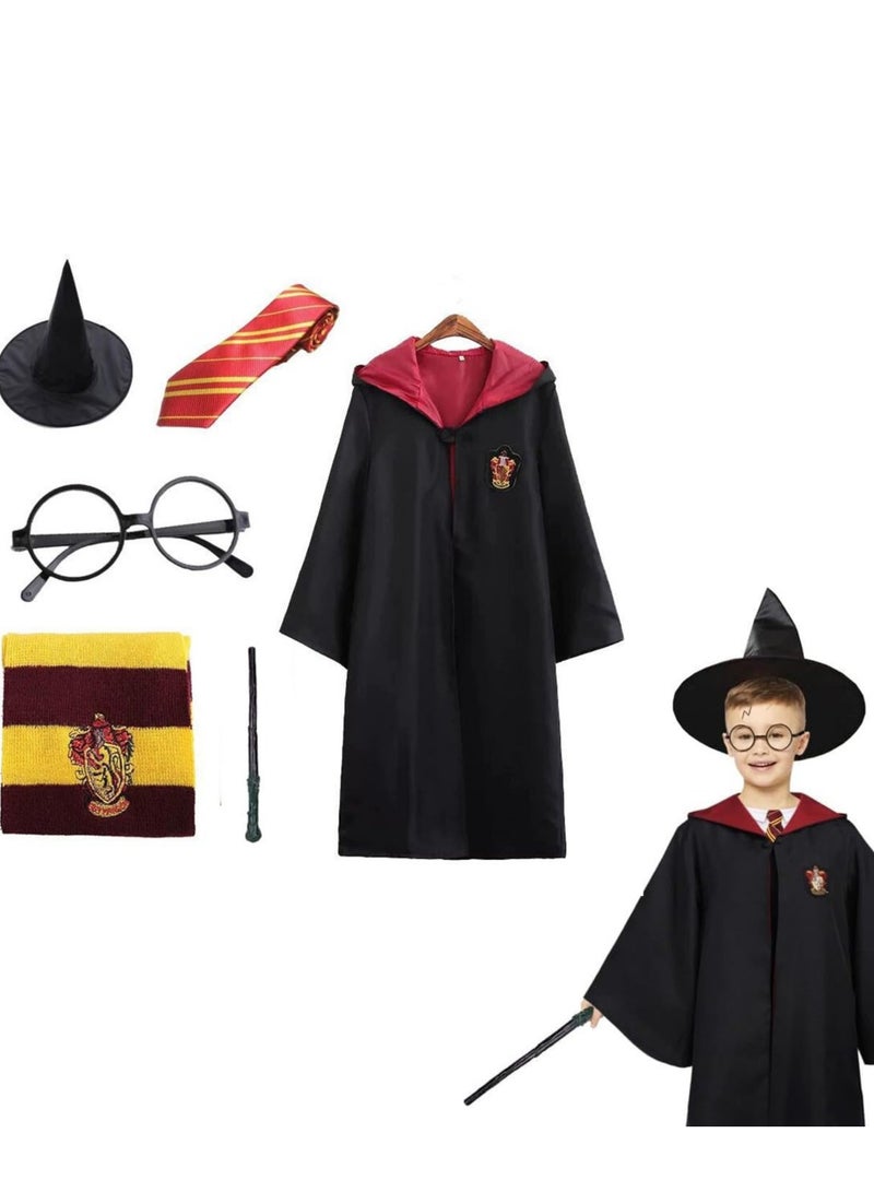 6PCS Kids Wizard Robes Cosplay Party Costume Magic Adults Wizard Cloak, Wizarding Unisex Dress Up Magic Robe Cape Costume, Hat Glasses Frame Tie Light Wand Necklace, Costume for Boys Girls  - Image 1