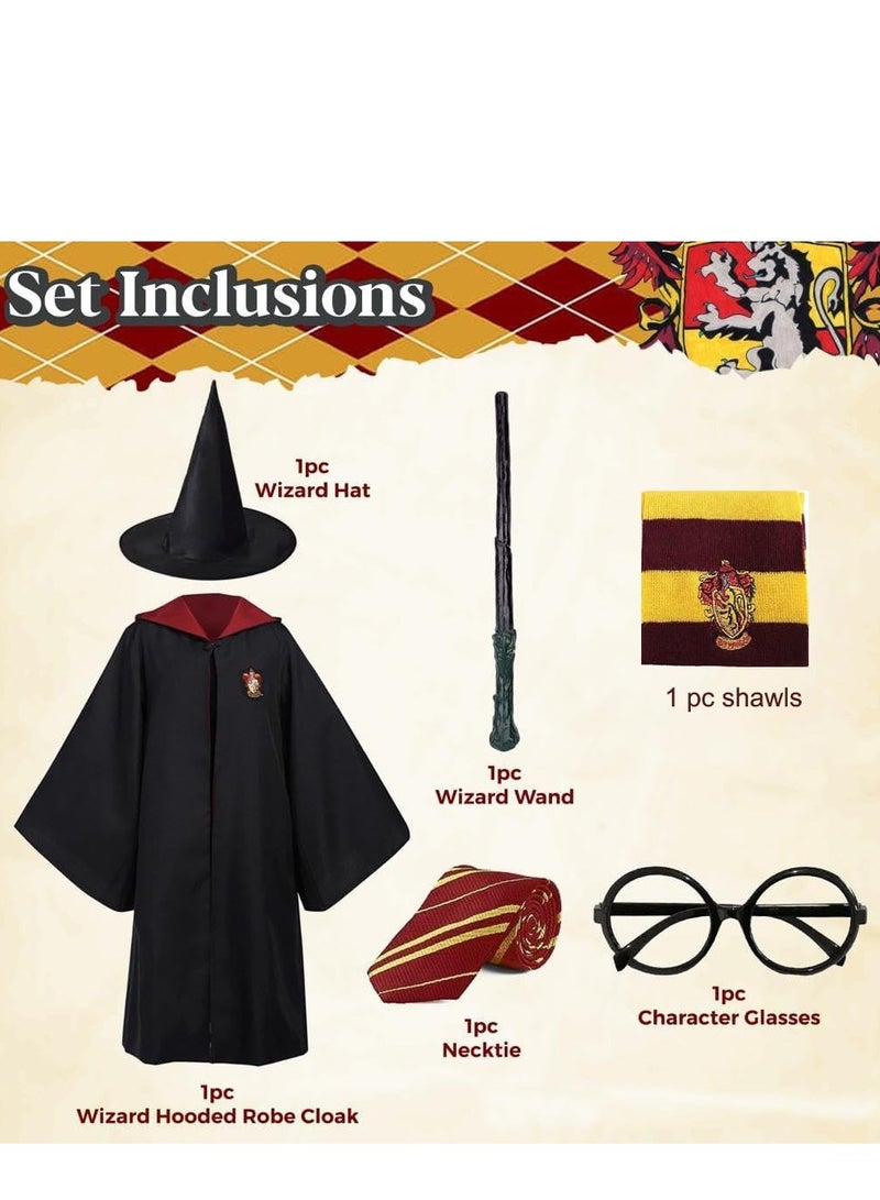 6PCS Kids Wizard Robes Cosplay Party Costume Magic Adults Wizard Cloak, Wizarding Unisex Dress Up Magic Robe Cape Costume, Hat Glasses Frame Tie Light Wand Necklace, Costume for Boys Girls  - Image 3
