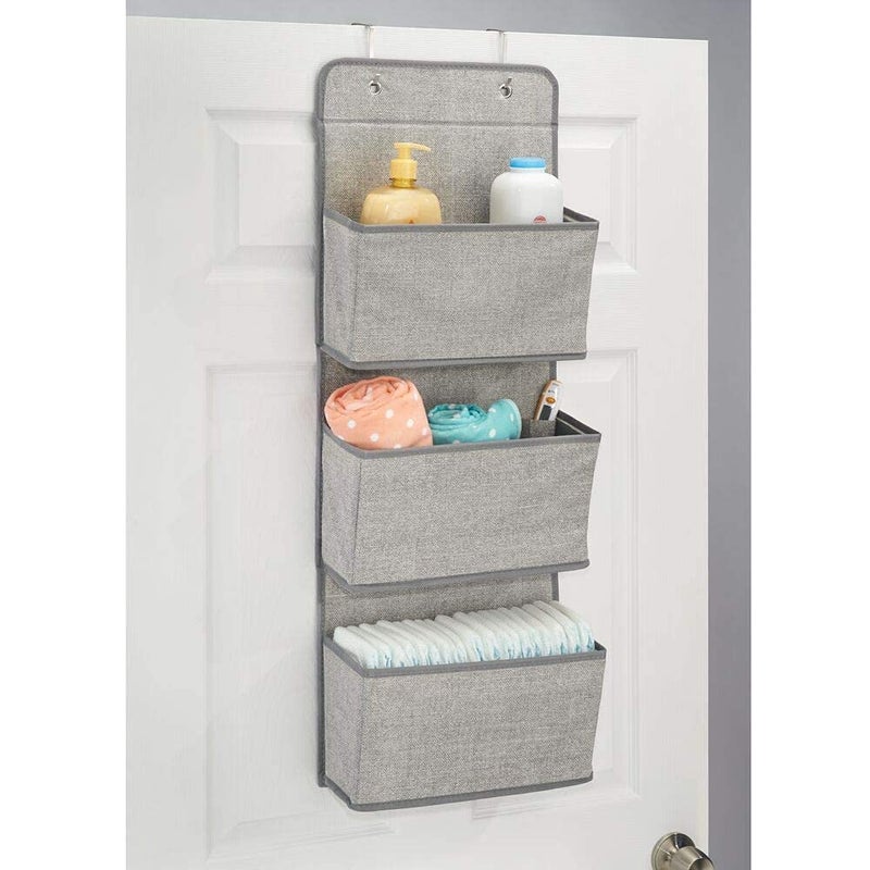 AB SALES Fabric Textured Print Wall Hanging Storage Organizer 3 Large Pockets Grey - Image 3