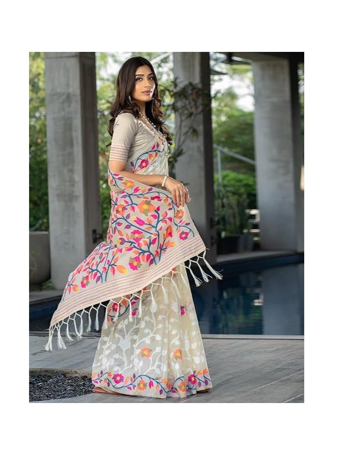 Accessorize Kingdom - Women's Cotton Jacquard Saree With Unstitched Blouse Piece - Image 1
