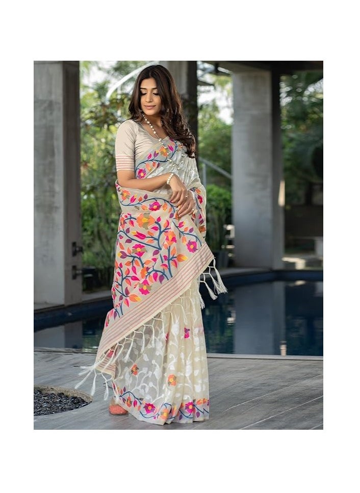 Accessorize Kingdom - Women's Cotton Jacquard Saree With Unstitched Blouse Piece - Image 1
