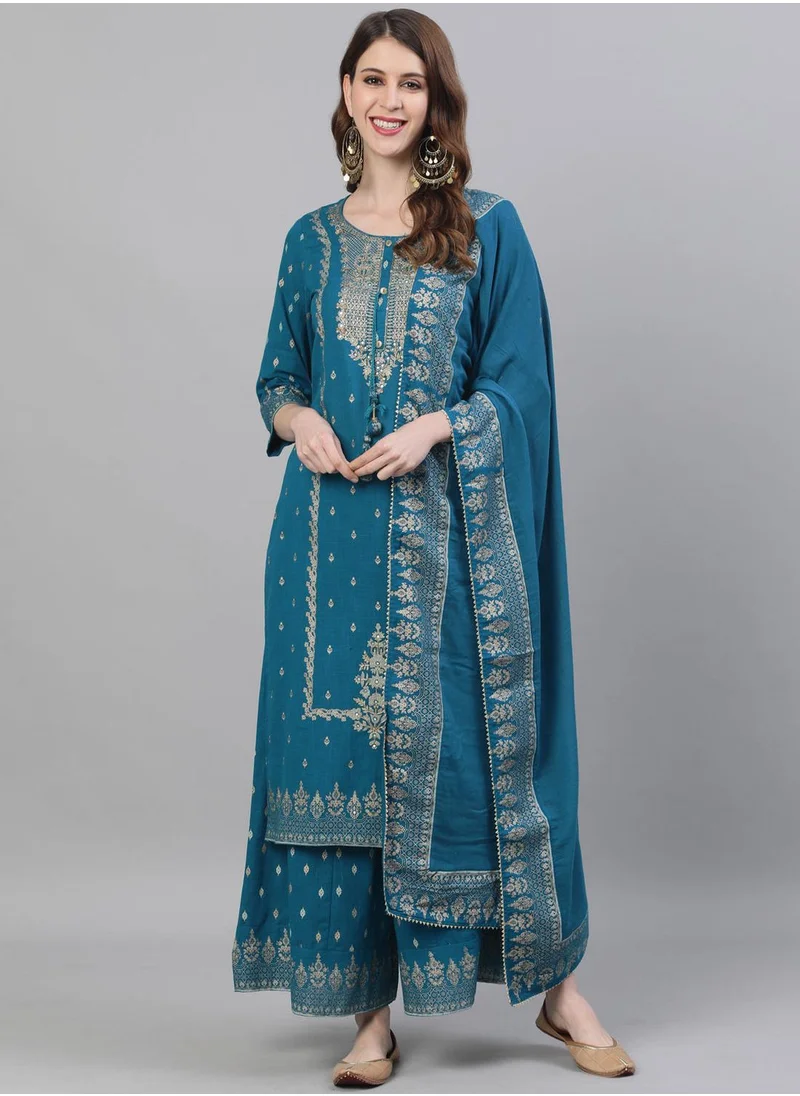 آي شين Straight Fit Embroidered Pattern Round Neck Three-Quarter Sleeves Teal Colour Knitted Cotton Kurta Set for Women with Semi Elastic Closure - Blending Tradition with Modern Style