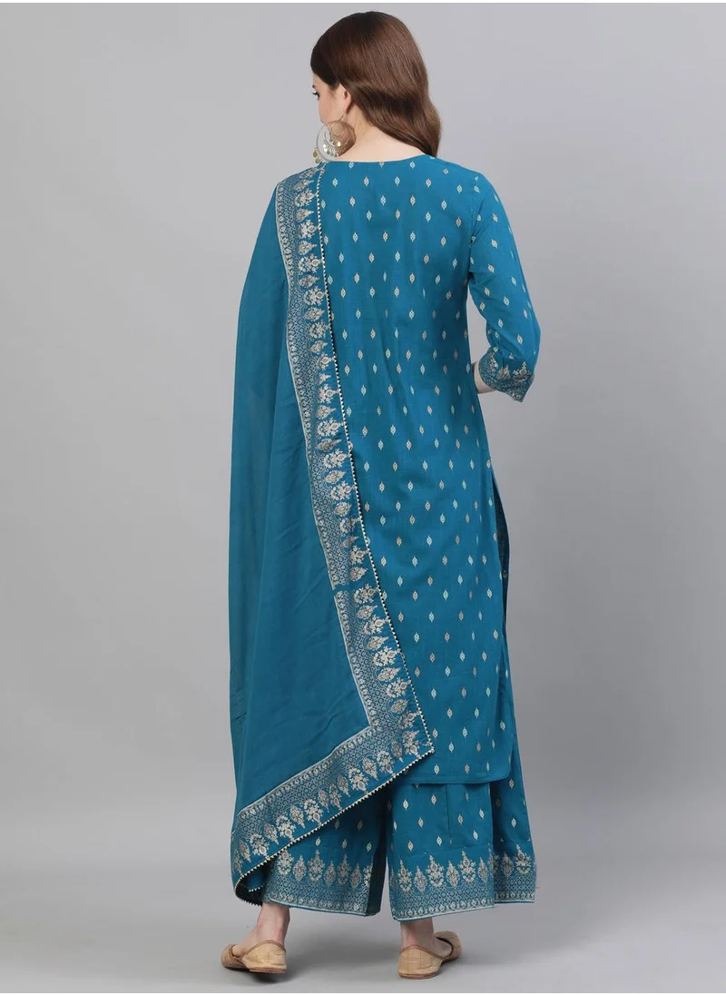 آي شين Straight Fit Embroidered Pattern Round Neck Three-Quarter Sleeves Teal Colour Knitted Cotton Kurta Set for Women with Semi Elastic Closure - Blending Tradition with Modern Style