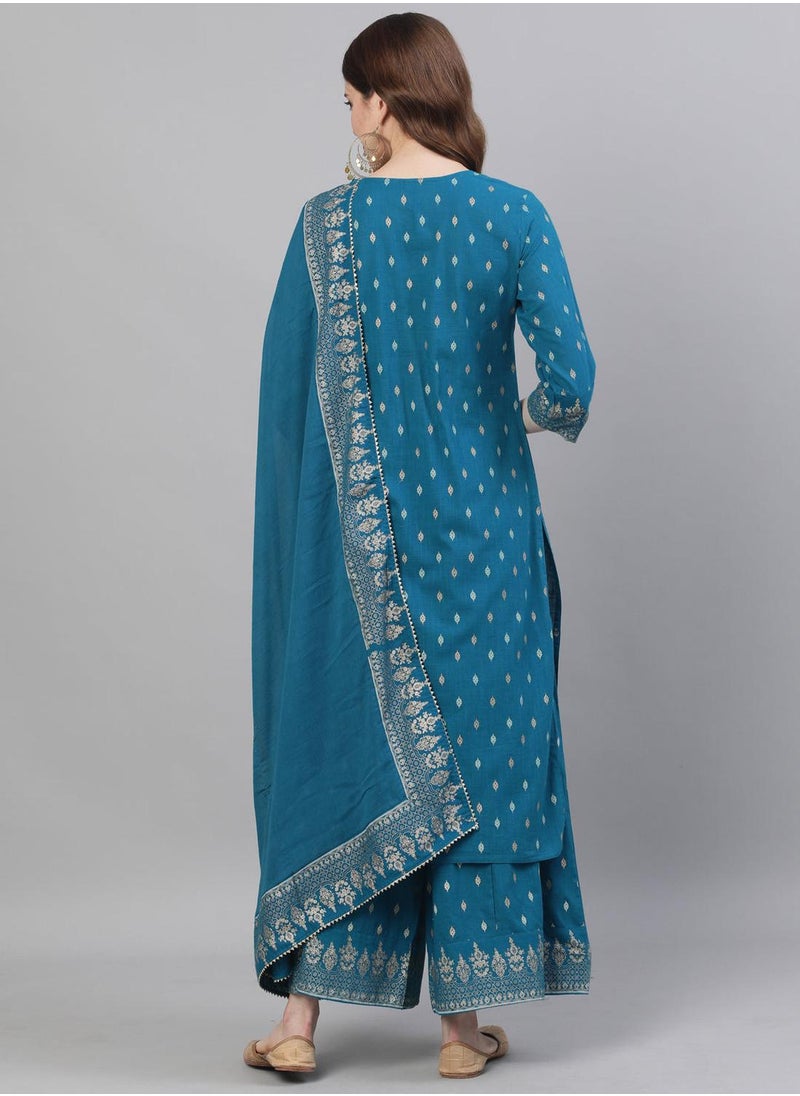 ISHIN Women's Teal 100% Cotton Embroidered Straight Fit Kurta Set  - Image 2