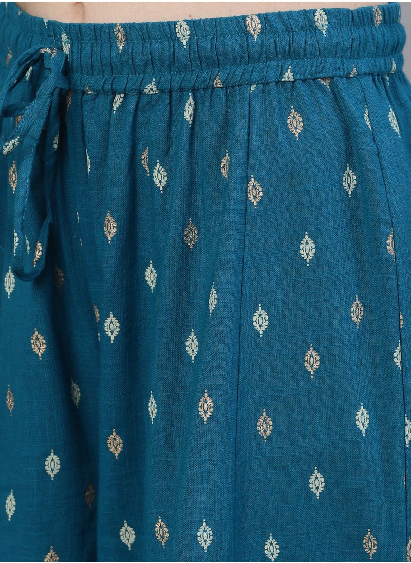 ISHIN Women's Teal 100% Cotton Embroidered Straight Fit Kurta Set  - Image 5