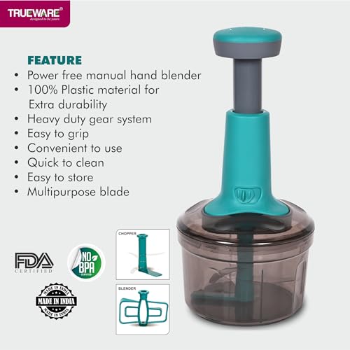 Trueware Classic Push Chopper & Blender | 800 ML | Green | Plastic | Steel Large Manual Hand-Press Vegetable Chopper Mixer Cutter to Cut Onion, Salad, Tomato, Potato | BPA Free - Image 3