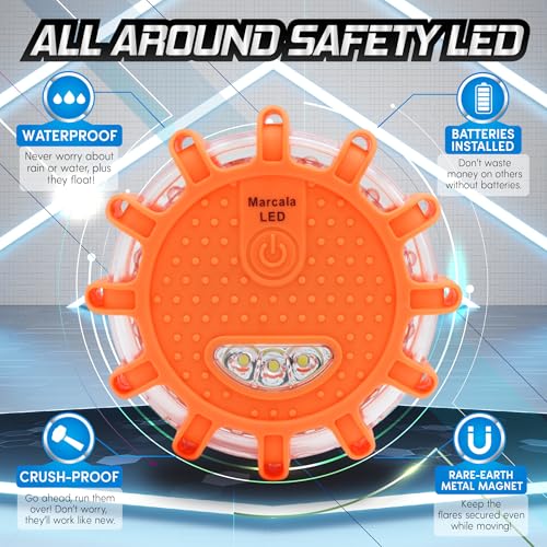 Marcala LED Road Flares Emergency Lights | 3-Pack Roadside Safety Disc Kit w/Whistle | DOT Compliant Emergency Flares for Car w/Batteries Installed | Roadside Emergency Car Kit with Flares - Image 5